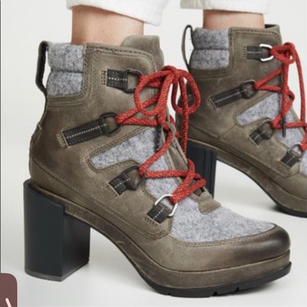 SOREL Blake Lace Felt Waterproof Lace-Up Booties Sz 7 Quarry (Olive Green Gray)